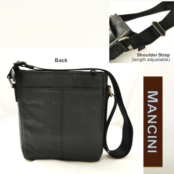MANCINI Unisex Black Leather Vertical Messenger Bag Padded Shoulder Crossbody - Picture 4 of 12